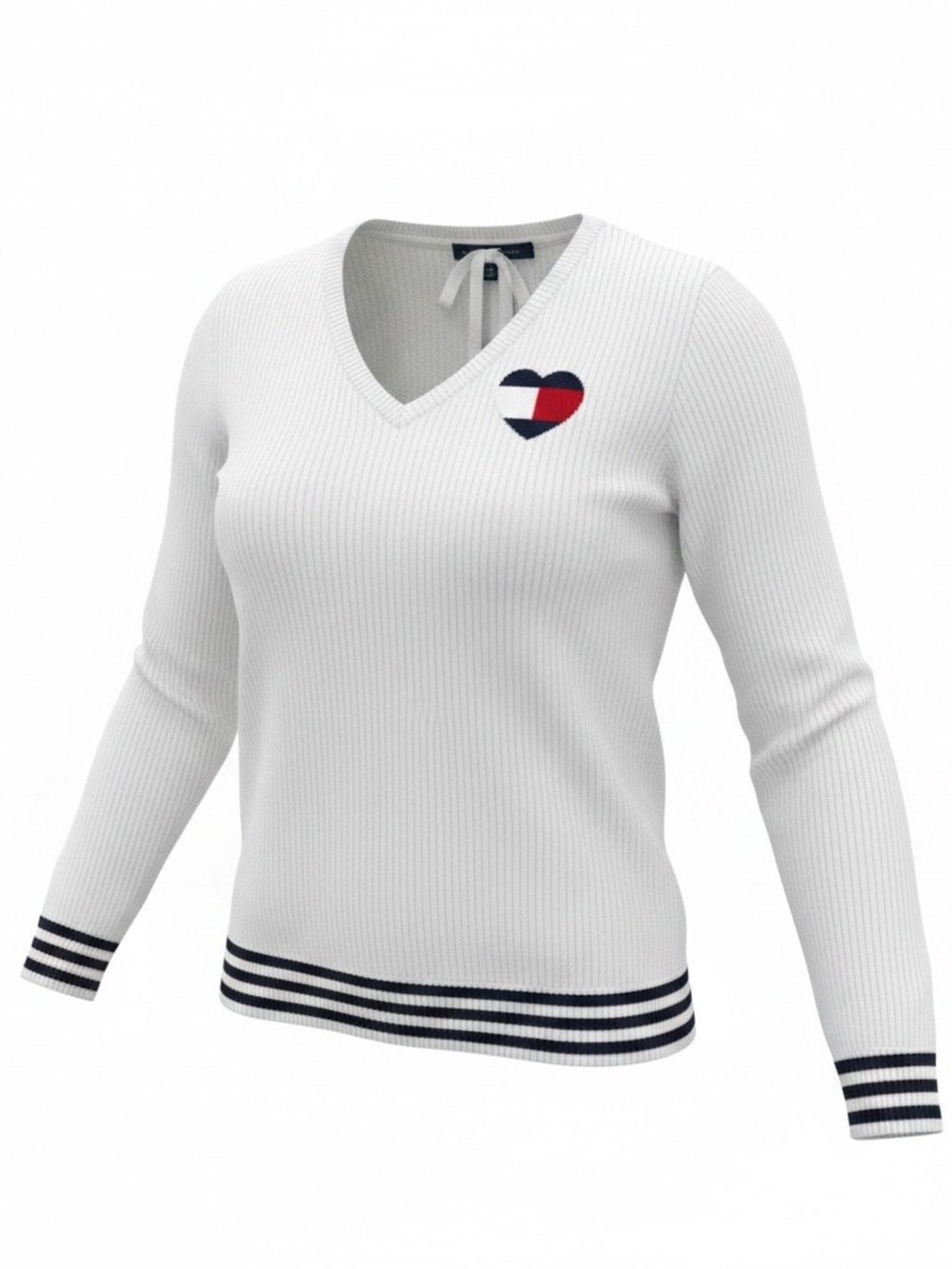 Tommy Hilfiger White V-Neck Sweater with Navy & Red Heart